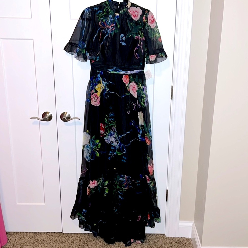 NWT Mac Duggal 68230 - Floral Print Ruffled High Neck Flutter Sleeve Gown - Picture 3 of 9